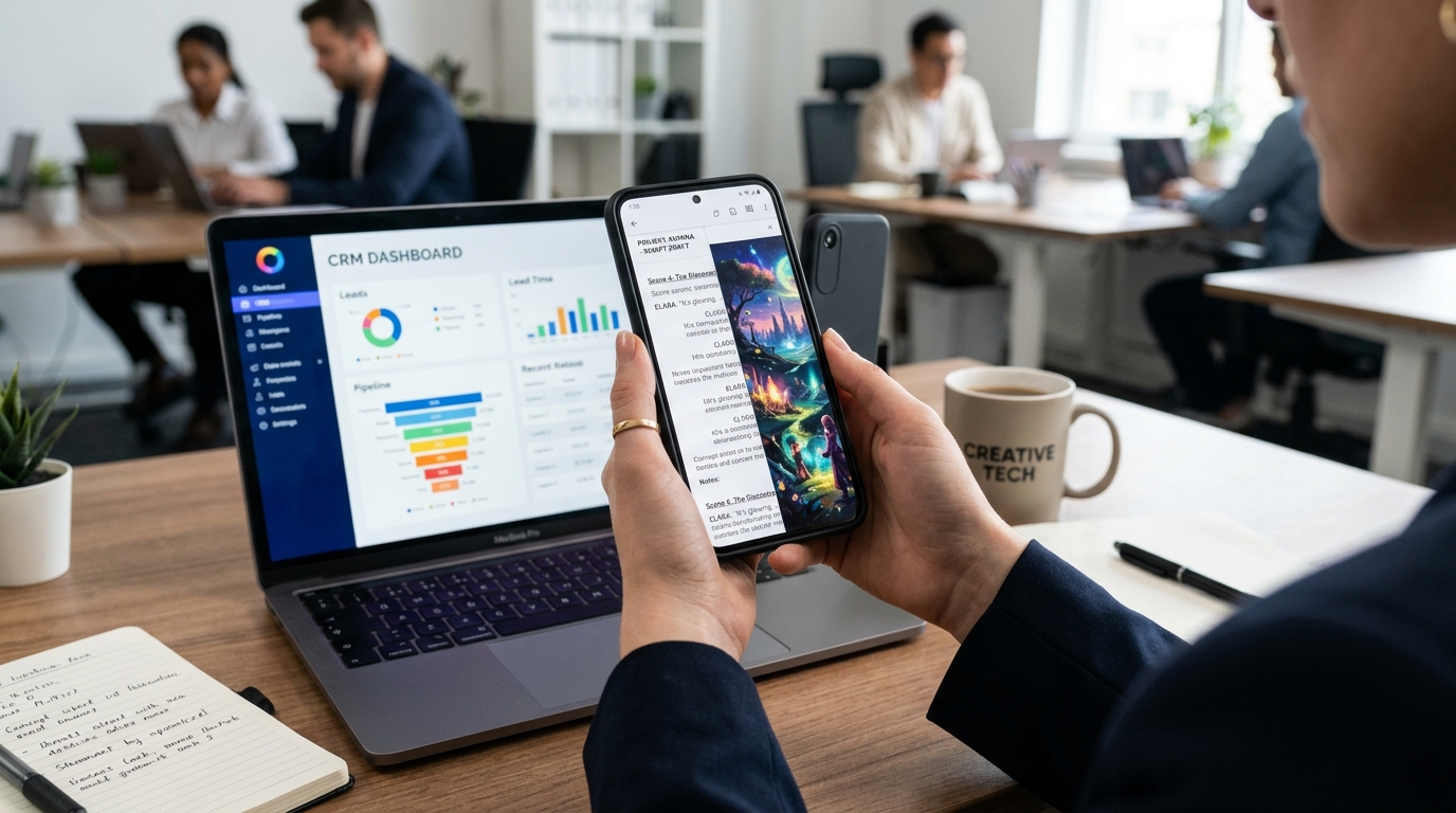 Eine professionelle Umgebung, in der eine Person ein modernes Smartphone in einer Produktionsumgebung hält.