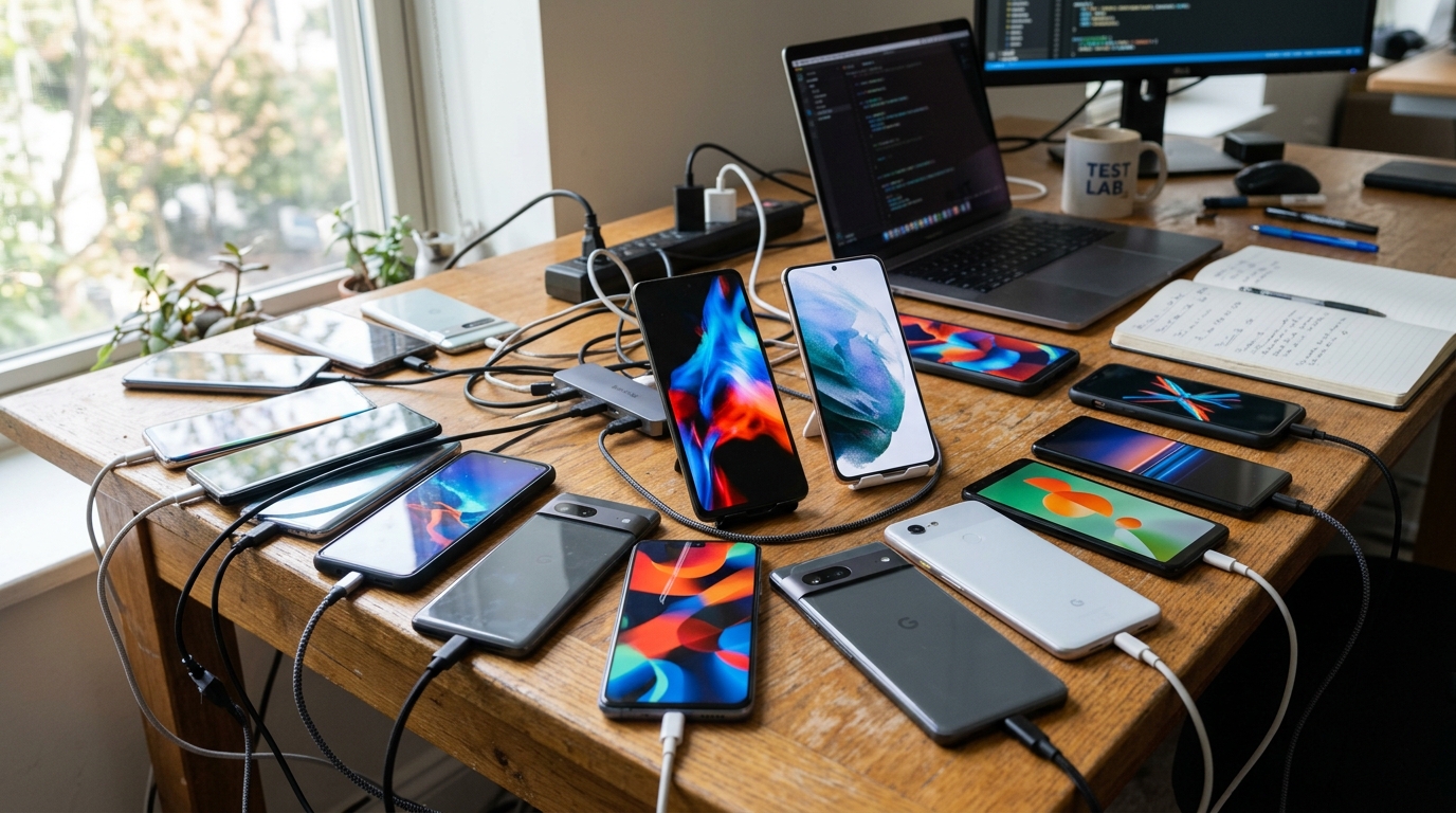 Nahaufnahme eines hölzernen Schreibtisches, auf dem eine Mischung aus moderner und älterer mobiler Hardware liegt.