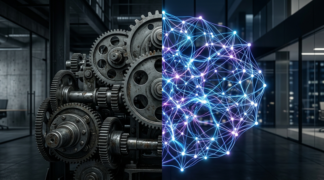 מטאפורה ויזואלית של השוואה בין פיתוח תוכנה מסורתי למודרני, גלגלי שיניים מול רשת עצבית