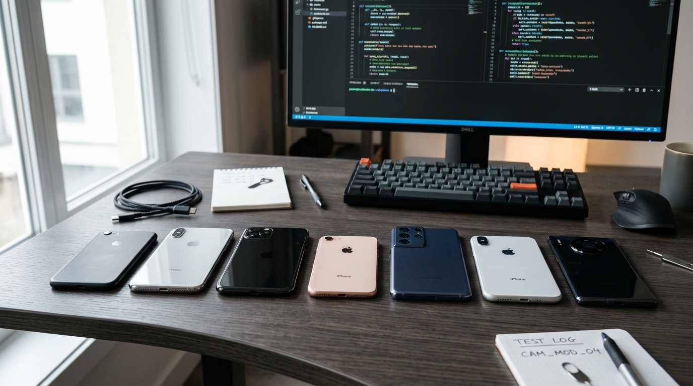 שולחן עבודה מקצועי עם דגמים שונים של סמארטפונים לבדיקת חומרה