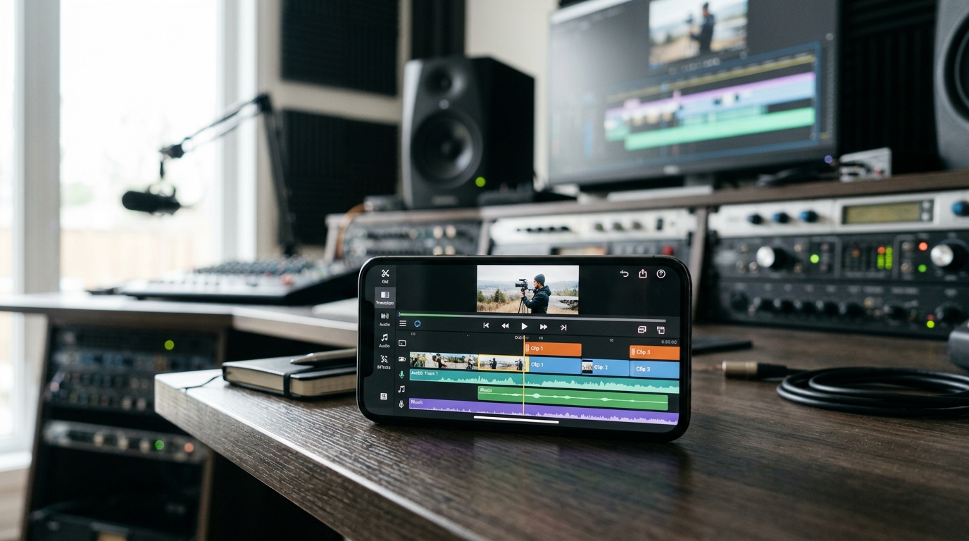 Tampilan dekat antarmuka pengeditan profesional pada smartphone modern...