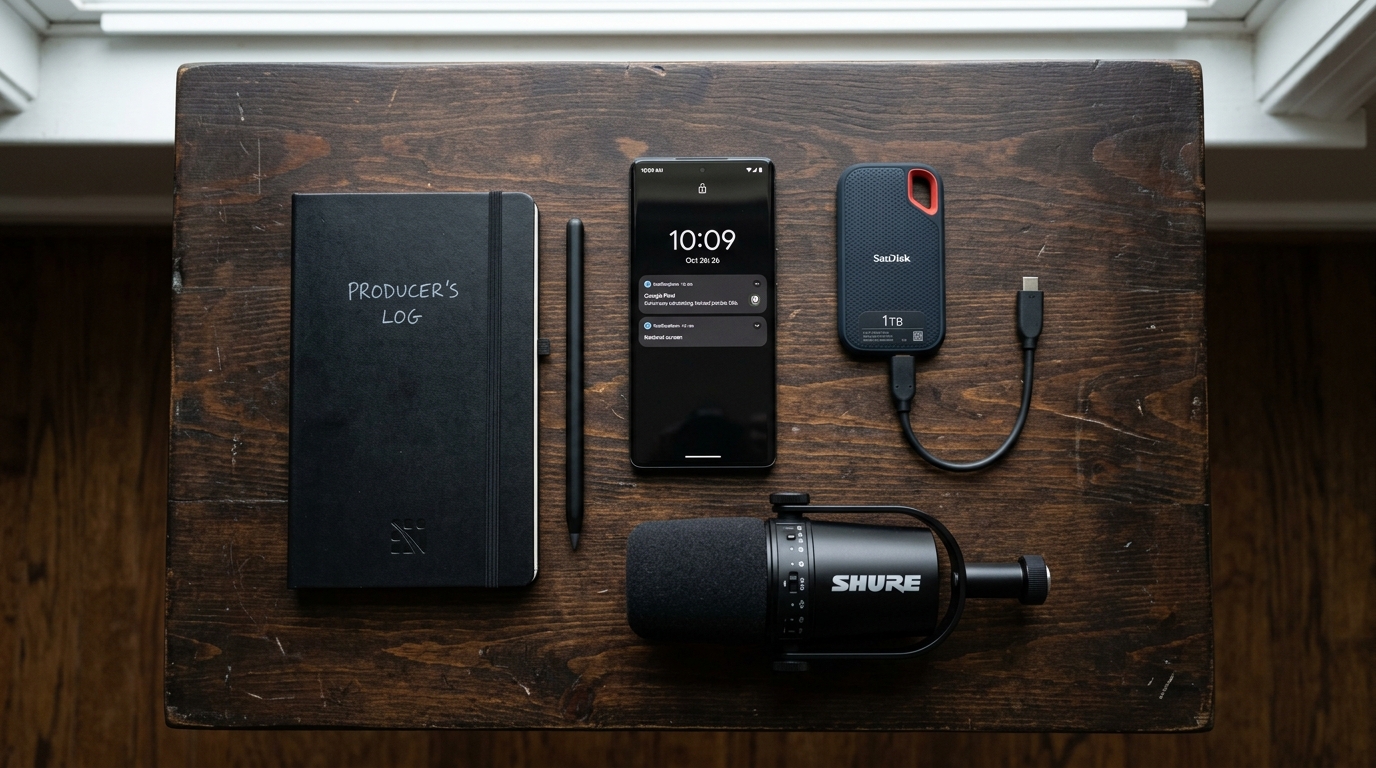 프로듀서의 휴대용 장비 구성을 위에서 내려다본 모습