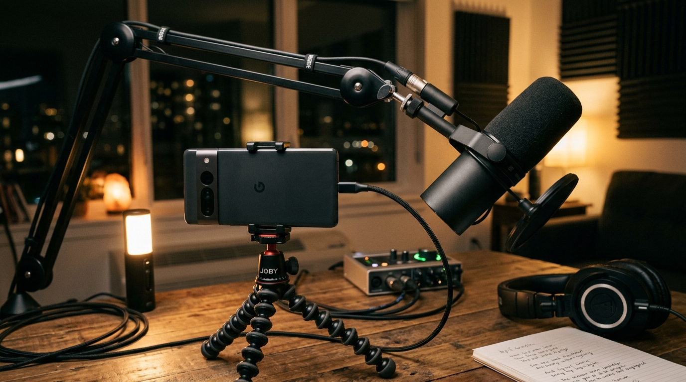 고급 모바일 오디오 프로덕션 셋업의 근접 촬영 이미지