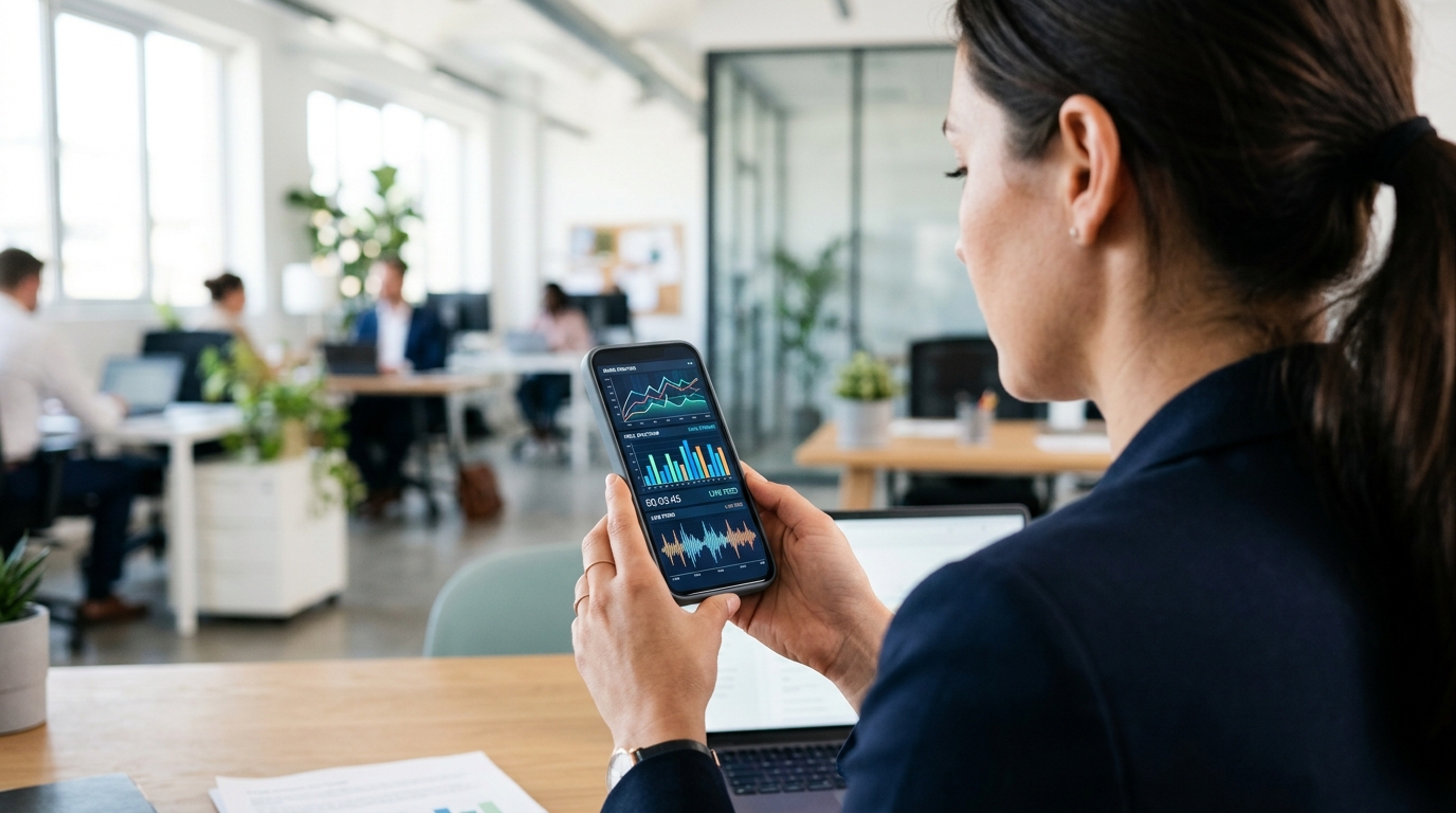 Vista de primer plano por encima del hombro de un profesional sosteniendo un smartphone en un estudio