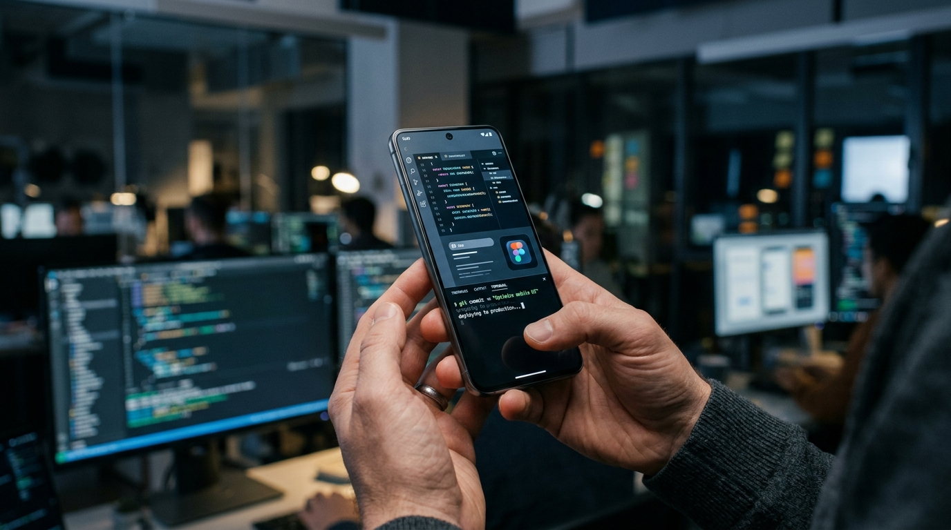 Et detaljeret nærbillede af en softwareingeniørs hænder, der holder en moderne smartphone i et professionelt kontormiljø.