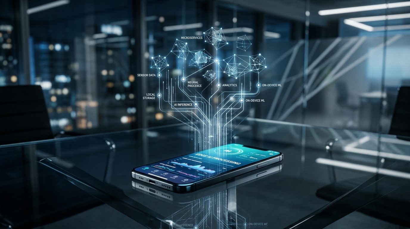 En abstrakt visualisering af dataflow i et mobilt miljø, der viser lokal AI-processering.