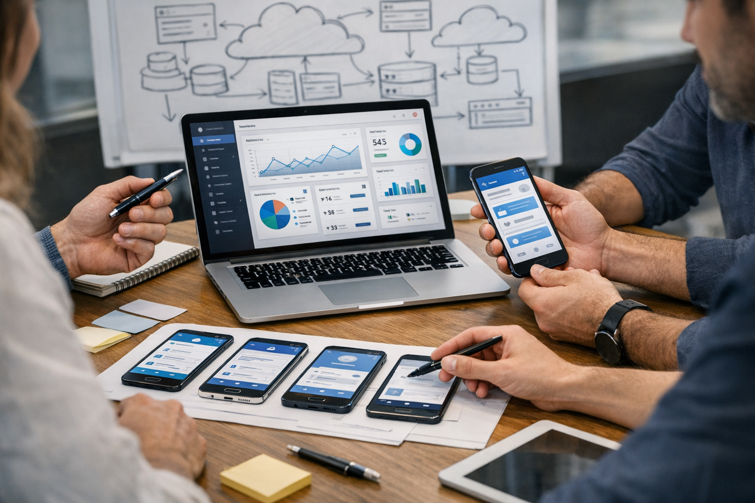 Close-up professional scene of product designers and developers collaborating on...