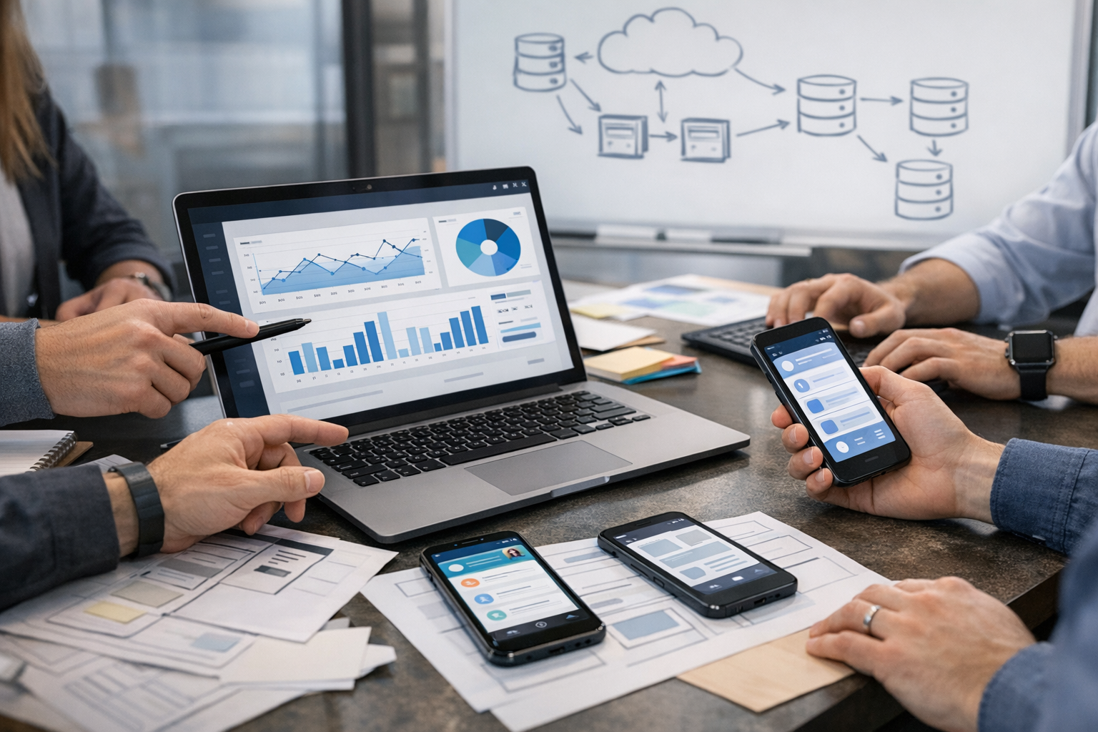 Scène professionnelle en gros plan montrant des product designers et des dévelop...