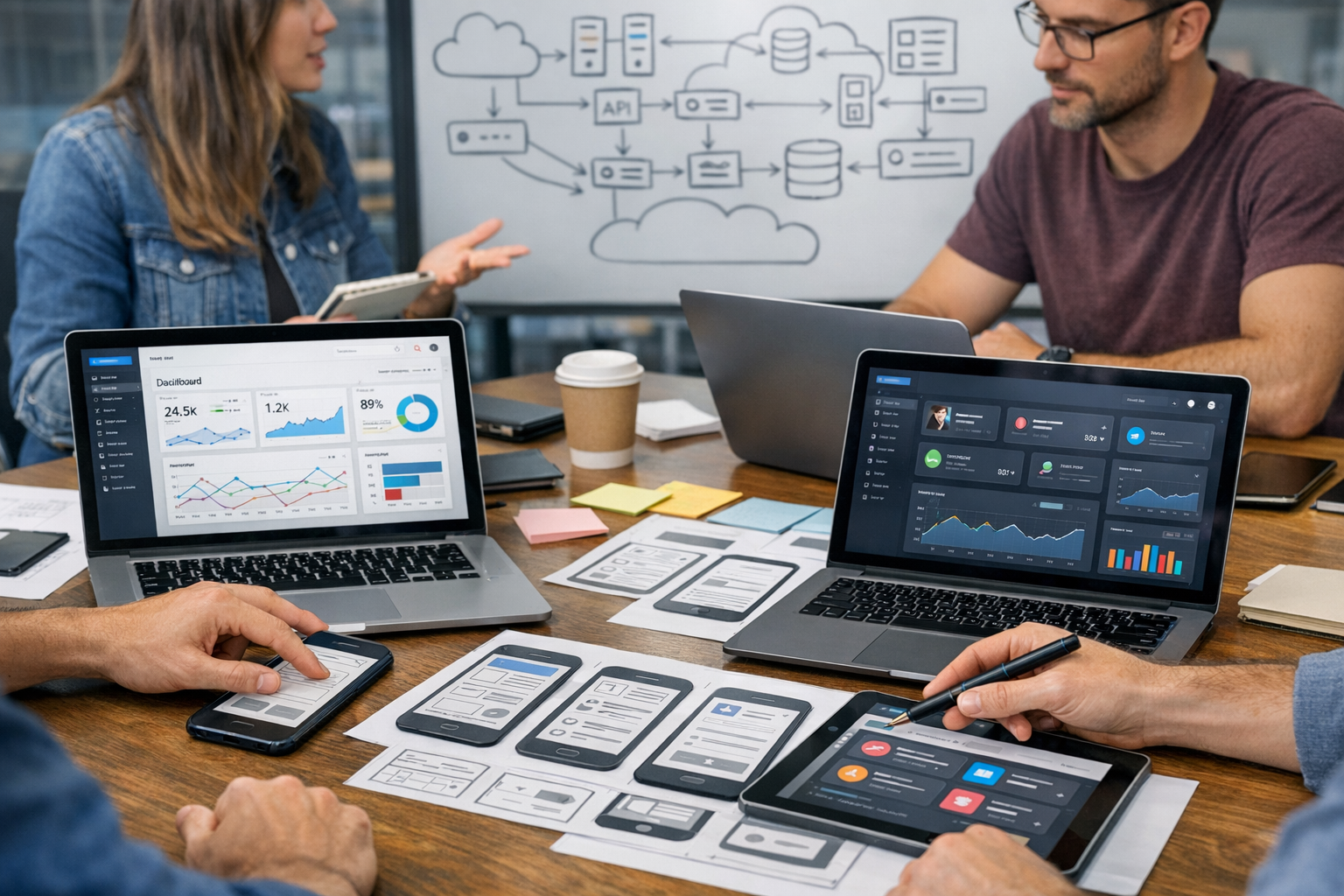 Közeli professzionális jelenet, ahol terméktervezők és fejlesztők mobilalkalmazá...