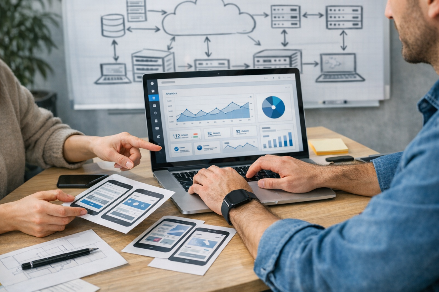 モバイルアプリとWebアプリのインターフェースについて協業するプロダクトデザイナーと開発者のクローズアップ。ノートPCにはダッシュボードのレイアウト、机上にはス...