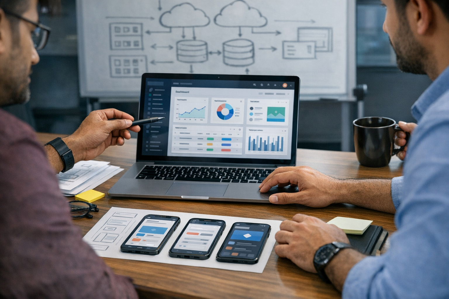 प्रोडक्ट डिज़ाइनर्स और डेवलपर्स के सहयोग का क्लोज़-अप पेशेवर दृश्य, लैपटॉप पर डै...