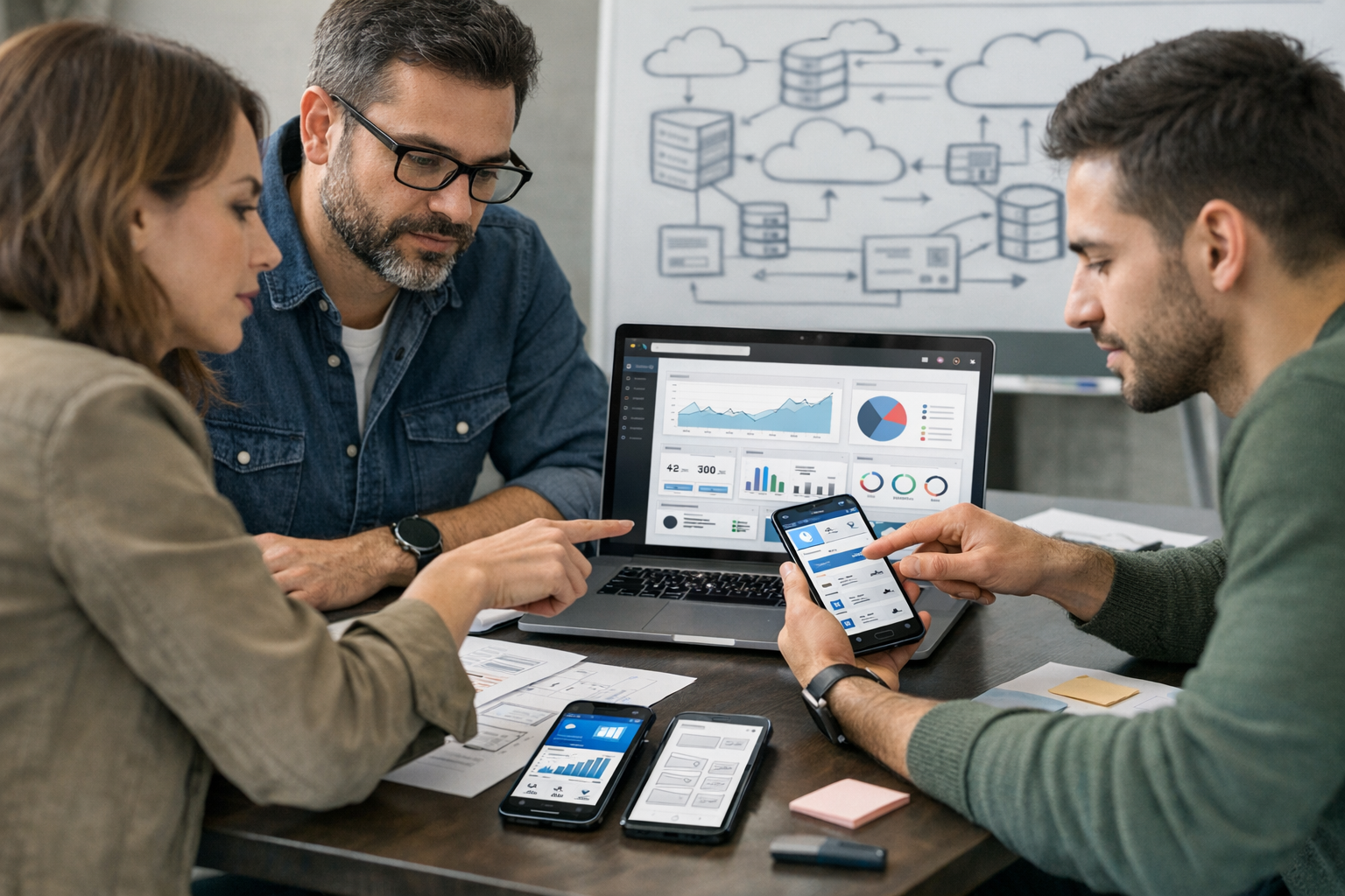 Scena professionale ravvicinata di product designer e sviluppatori che collabora...