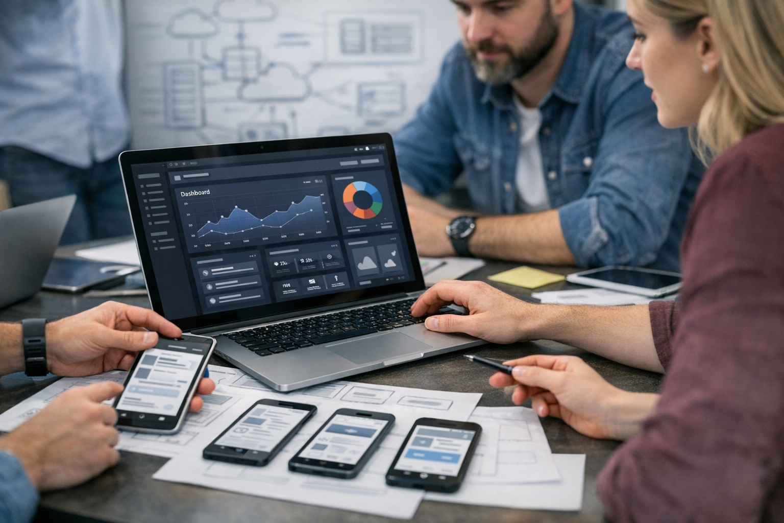 Крупный план профессиональной сцены: продуктовые дизайнеры и разработчики совмес...