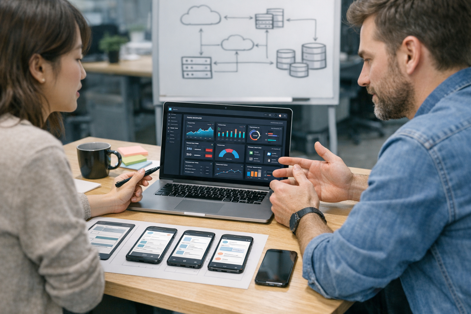 专业近景办公场景，产品设计师与开发人员协作讨论移动应用和网页应用界面，笔记本电脑展示数据看板布局，桌面摆放智能手机原型，背景可见云基础设施草图，真实企业办公环境...