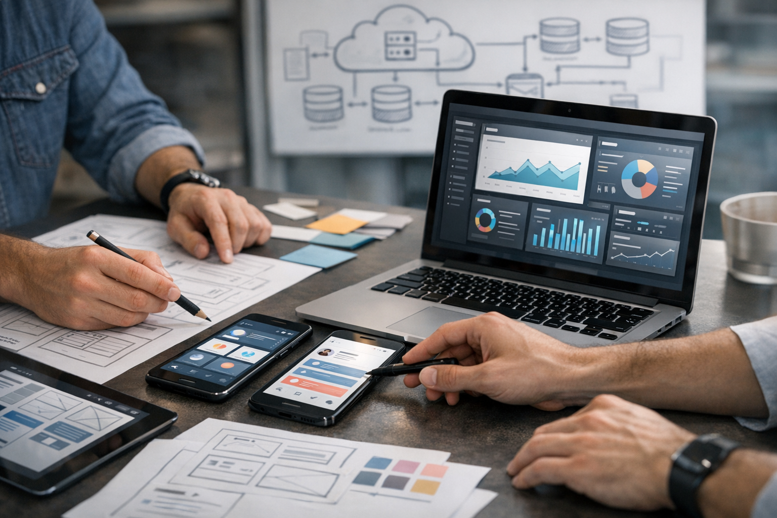 لقطة مهنية مقرّبة لمصممي منتجات ومطوري برمجيات يتعاونون على واجهة تطبيق جوال وتط...