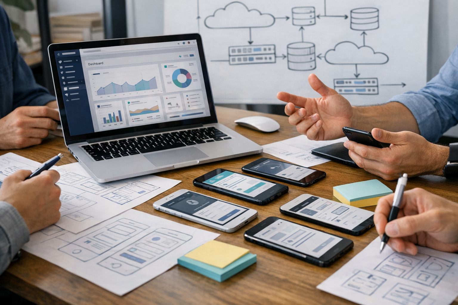 Nærbillede af en professionel scene, hvor produktdesignere og udviklere samarbej...