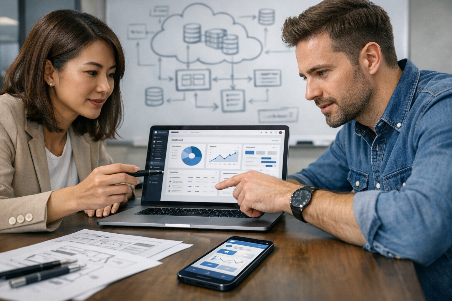 Adegan close-up profesional dari desainer produk dan developer yang berkolaboras...