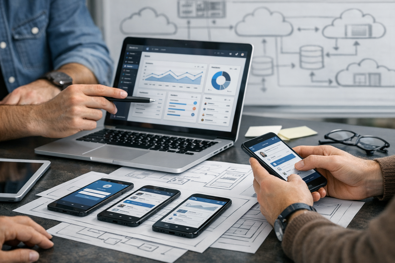 Professionele close-up van productdesigners en ontwikkelaars die samenwerken aan...