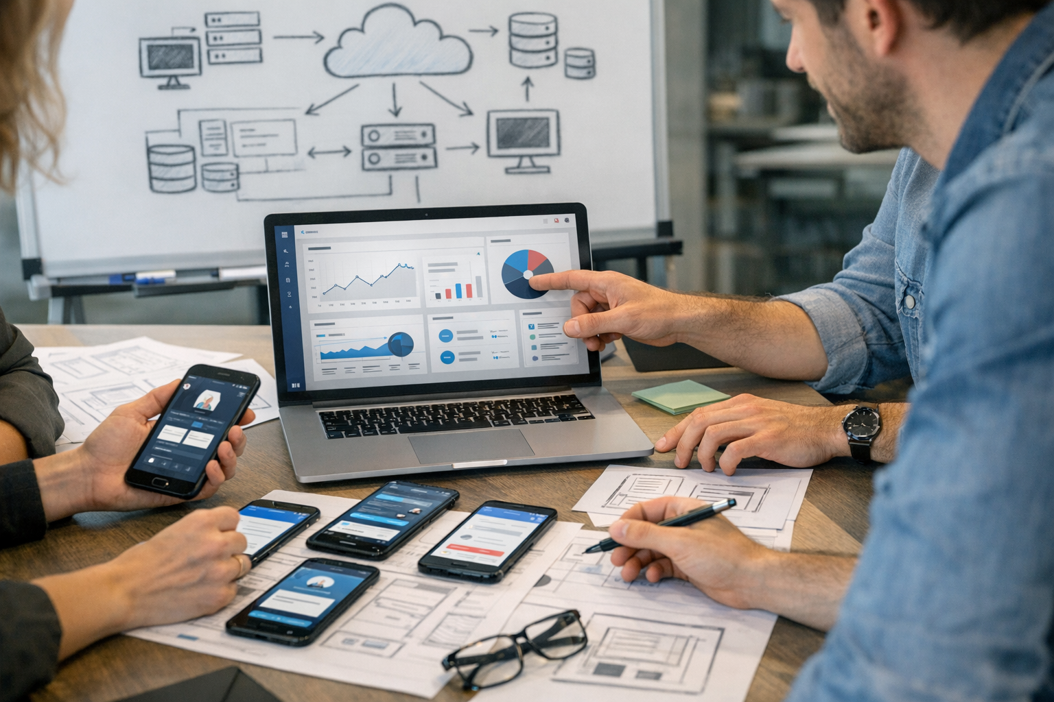 Cena profissional em close de designers de produto e desenvolvedores colaborando...