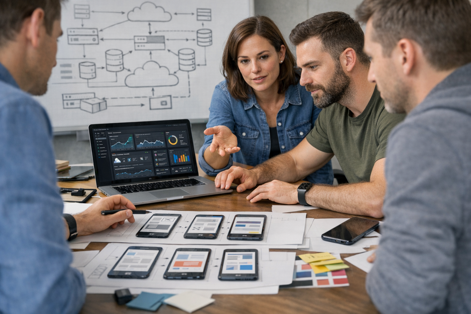 Professionelle Nahaufnahme von Produktdesignern und Entwicklern bei der Zusammen...