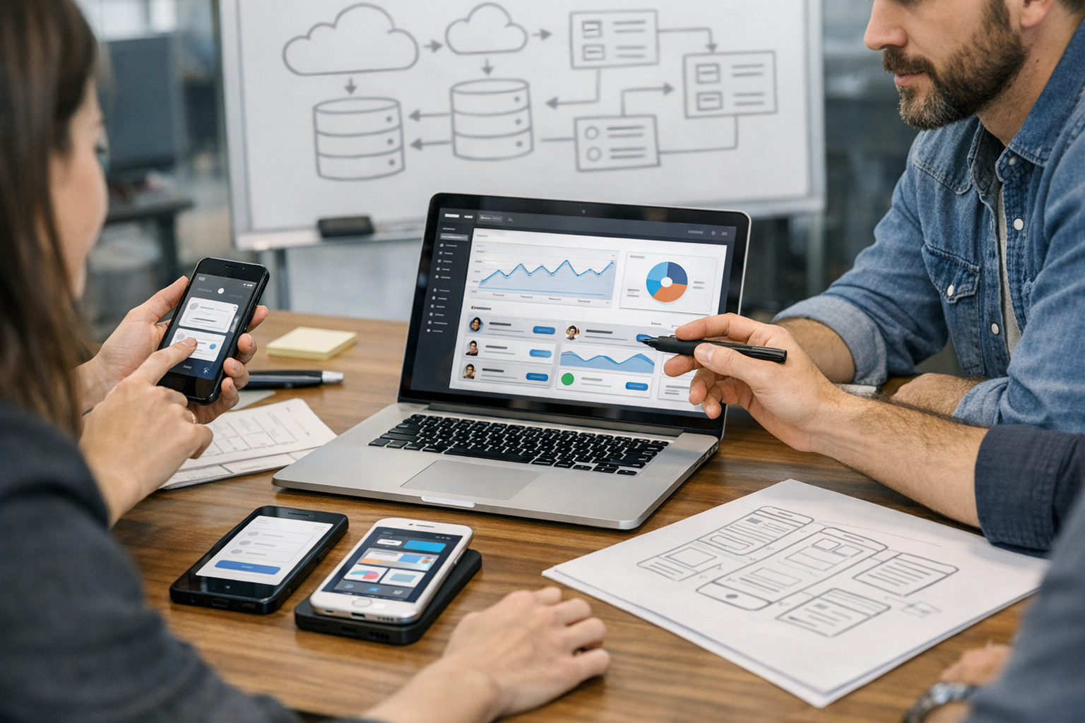 Escena profesional en primer plano de diseñadores de producto y desarrolladores ...