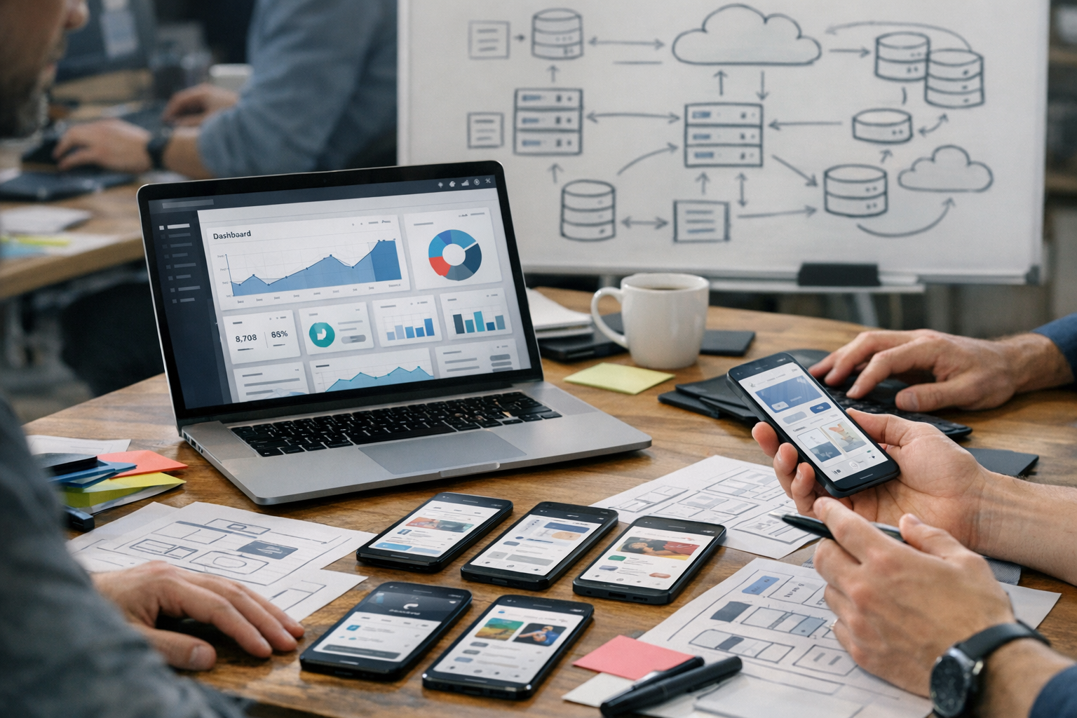 Närbild av en professionell miljö där produktdesigners och utvecklare samarbetar...