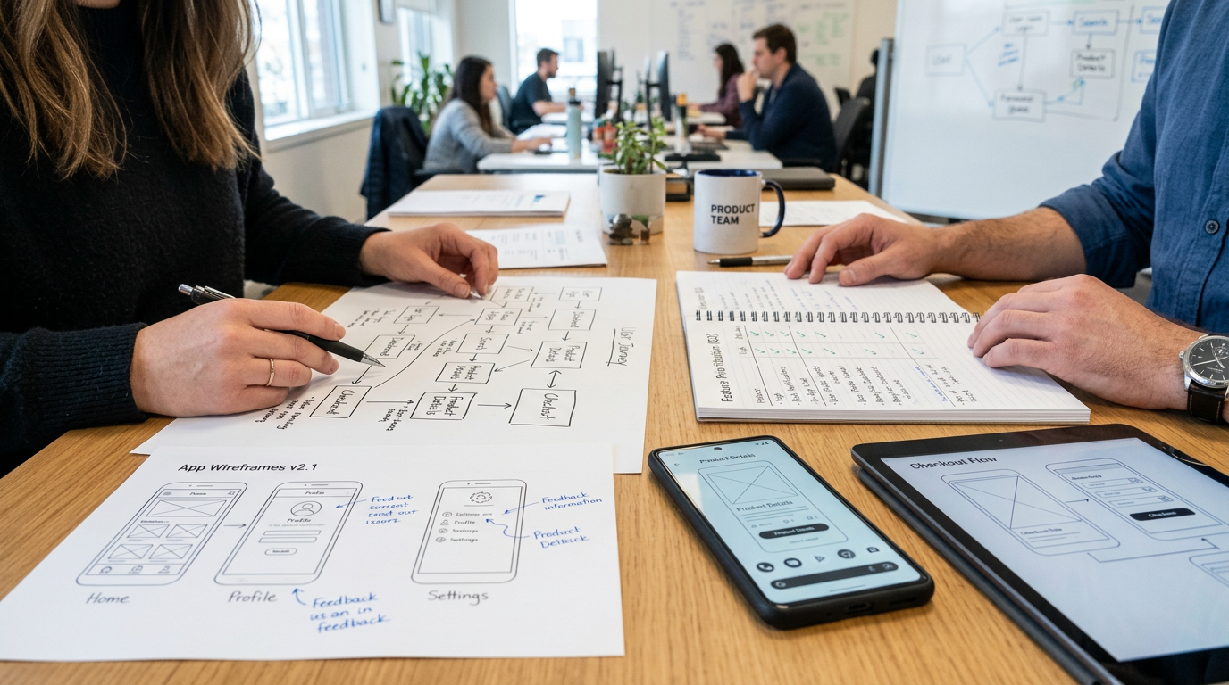 Close-up scene of a product planning table with hands reviewing mobile app wiref...