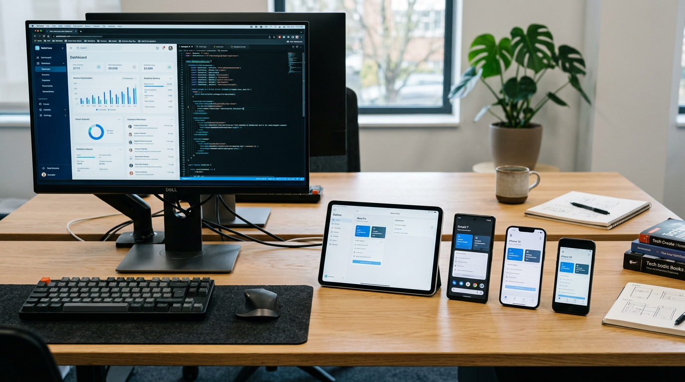 Realistic comparison scene showing multiple digital devices used for application...