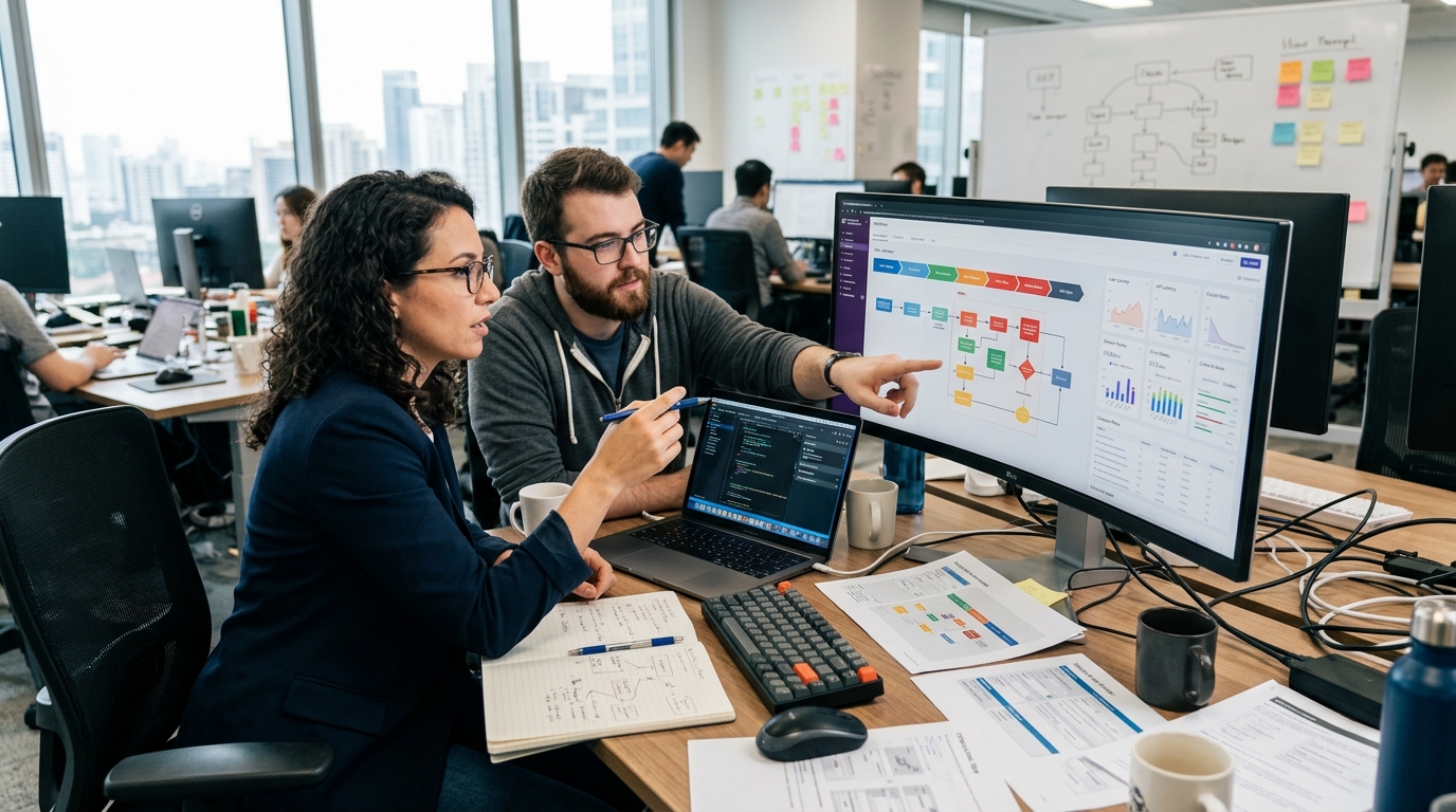 Professional workspace showing a product manager and developer analyzing workflow decisions