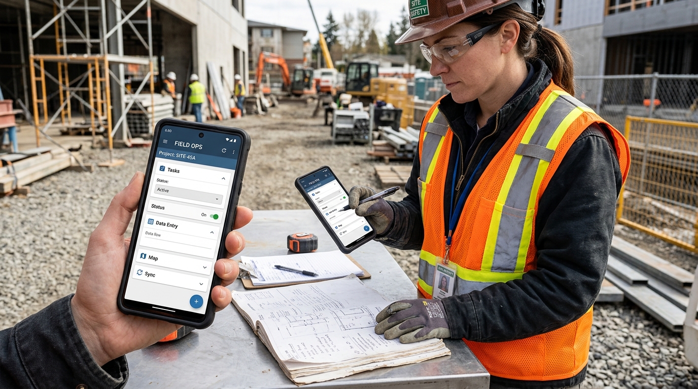 Field employee using a business mobile app on a smartphone while reviewing documents