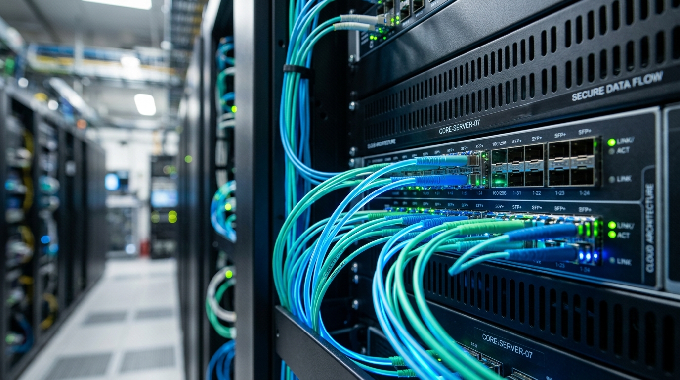 A macro shot of a sleek, modern server rack inside a brightly lit data center, w...