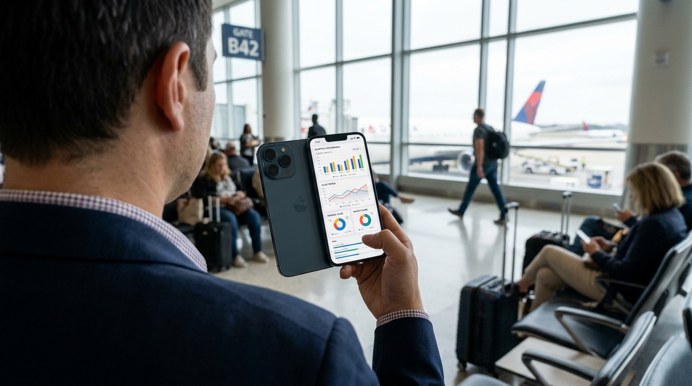 Close-up over-the-shoulder shot of a business professional holding a smartphone ...