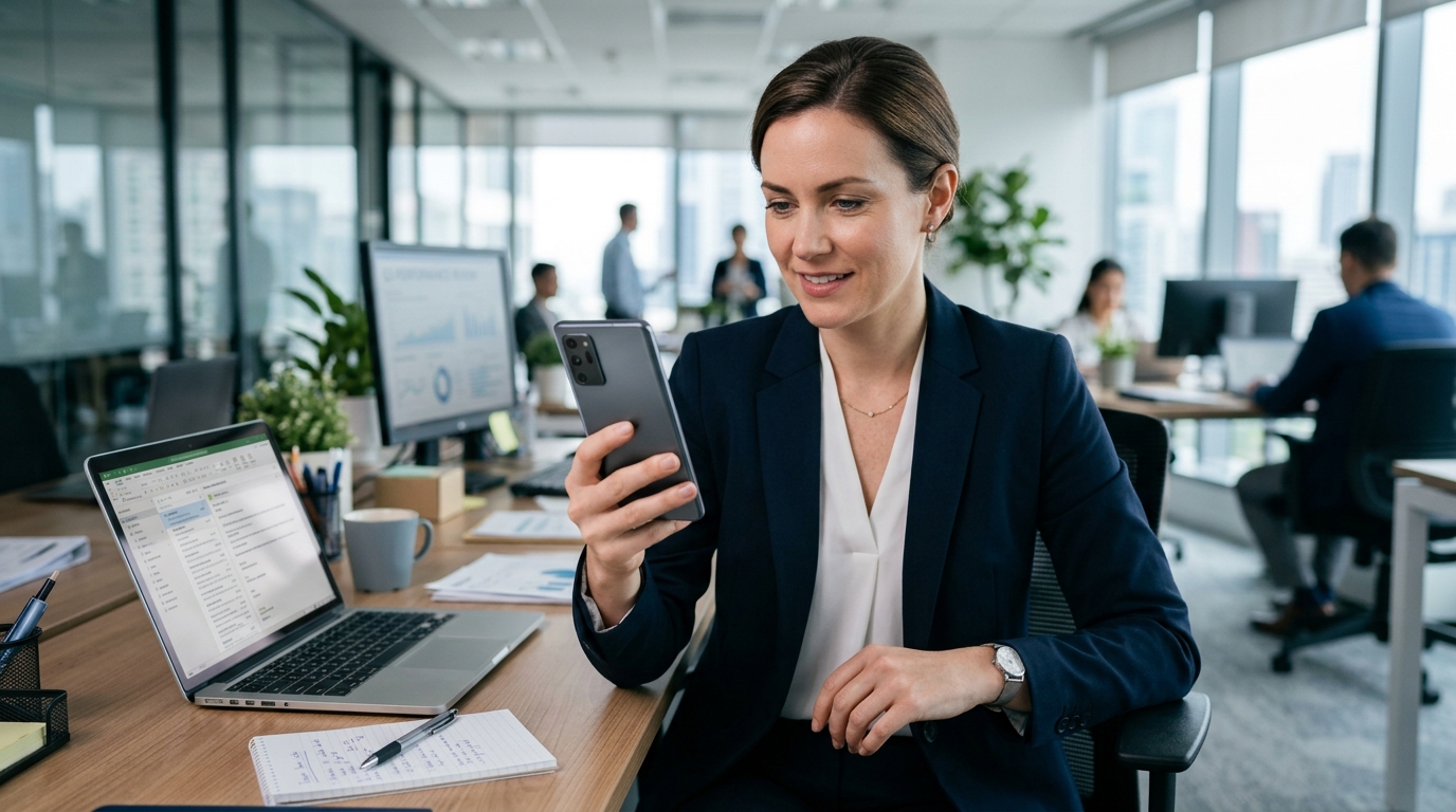 A professional business user sitting at a desk in a corporate office, holding a ...