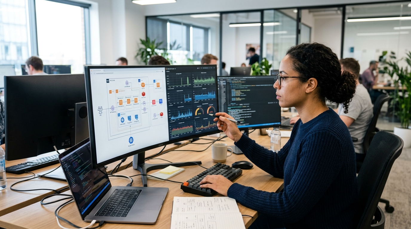 A professional software engineer in a well-lit, modern office reviewing complex ...