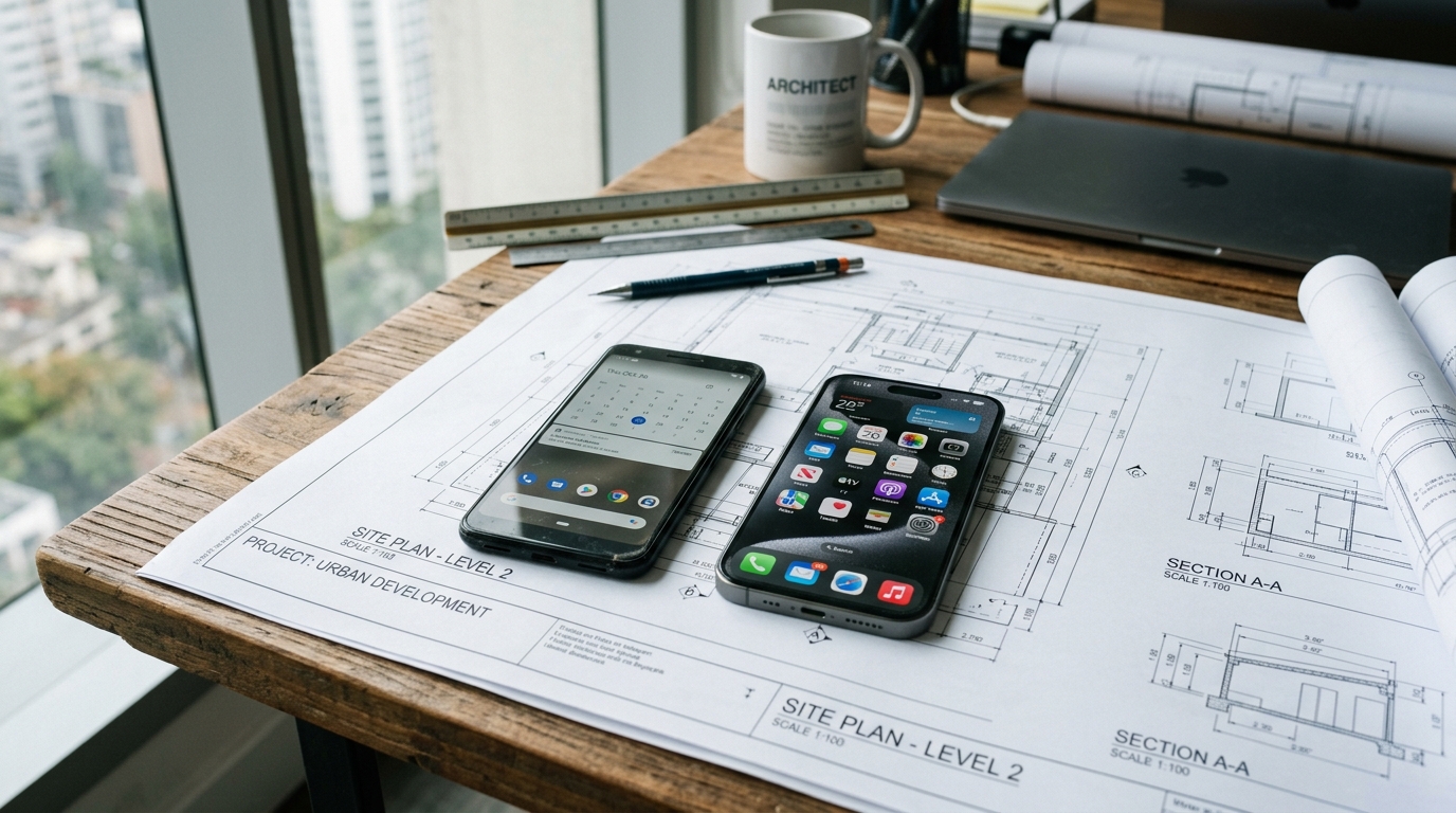 A close-up view of a professional workspace with two different smartphone models...