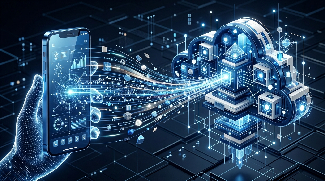 An abstract, high-quality 3D render of data flowing between a stylized mobile de...