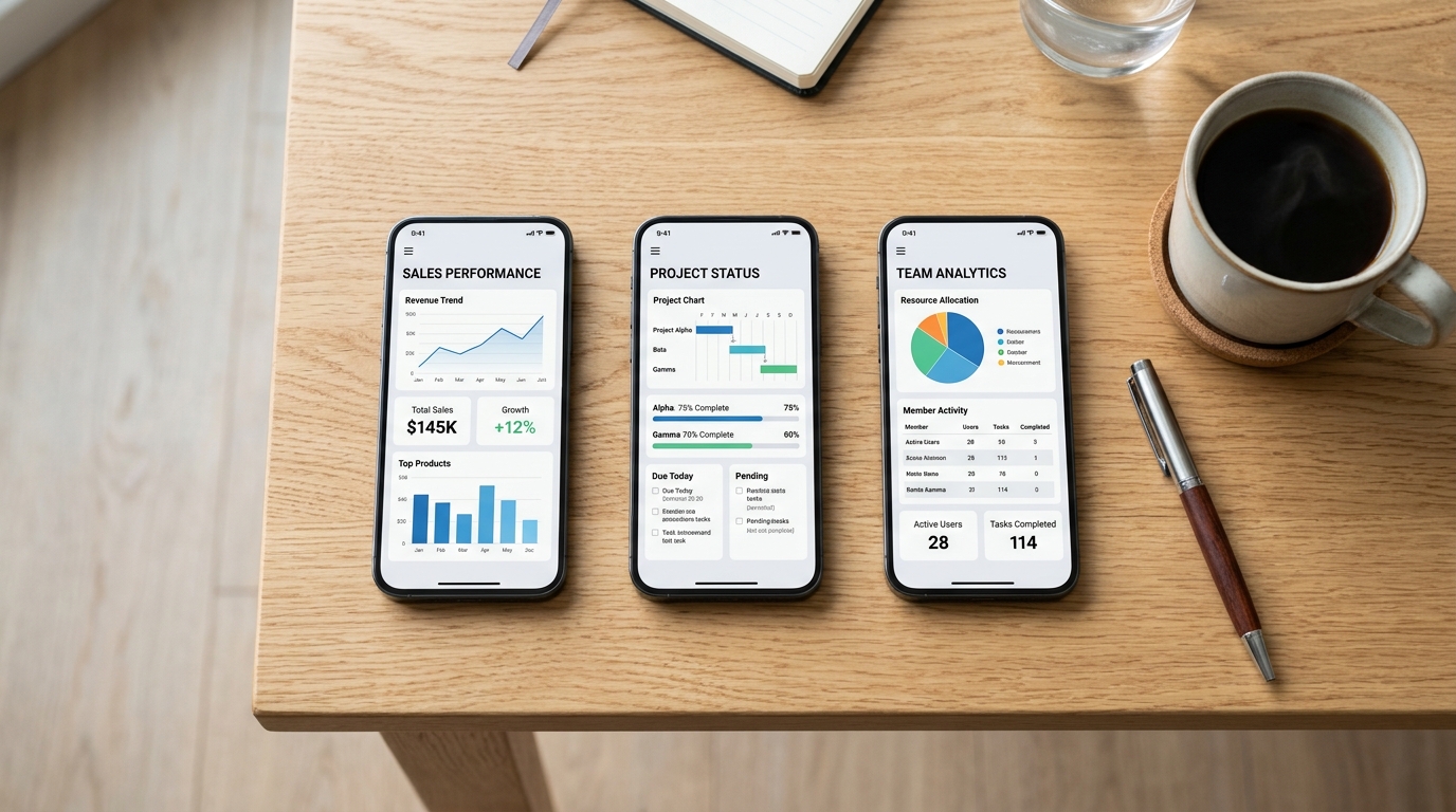 会議テーブルに置かれた3台のスマートフォンのトップダウンビュー