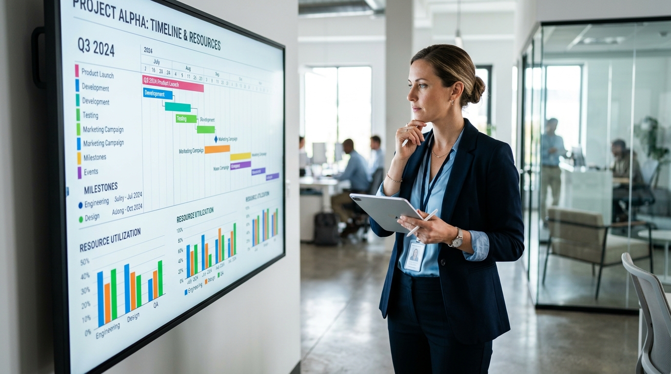 明るくモダンなオフィスで、デジタルホワイトボードに表示されたタイムラインチャートを見つめる女性プロジェクトマネージャー