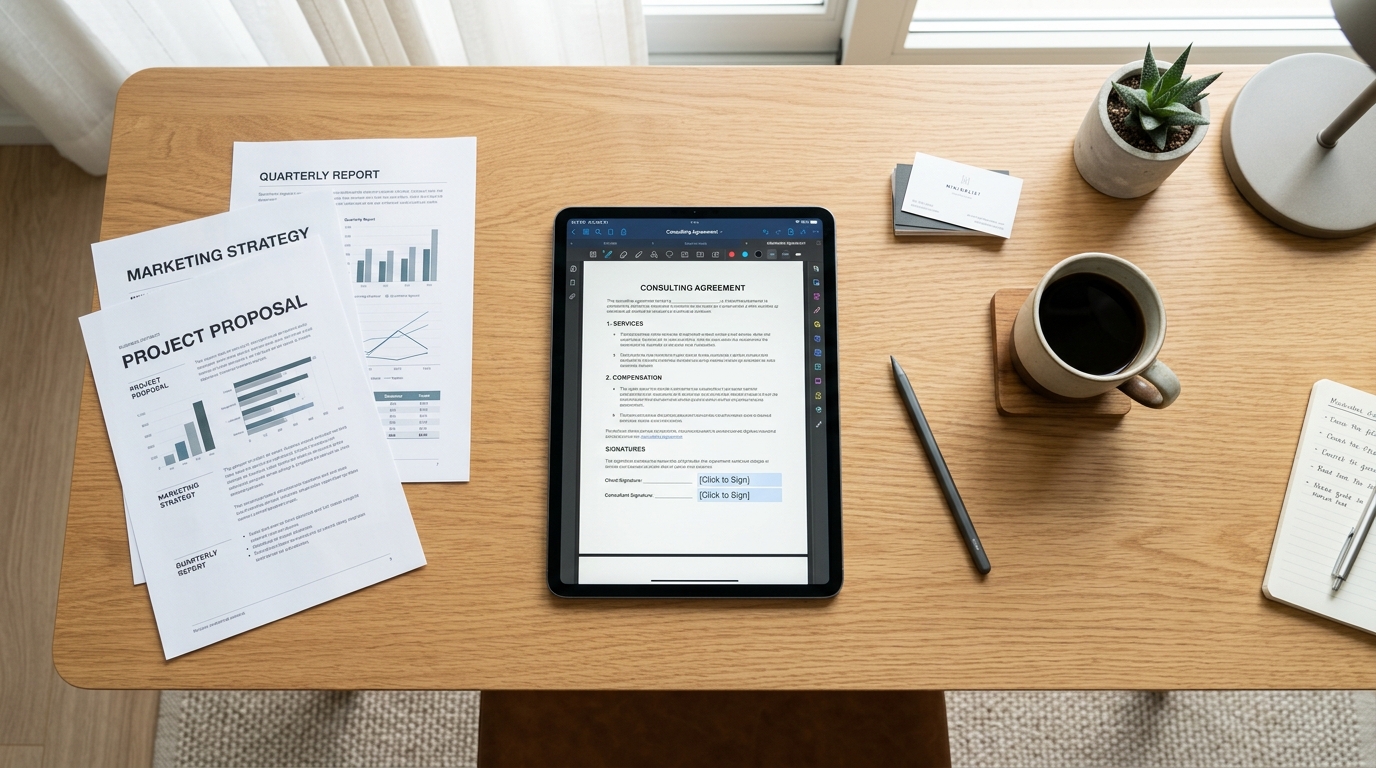 An overhead shot of a clean, modern wooden desk. On the desk are various printed...
