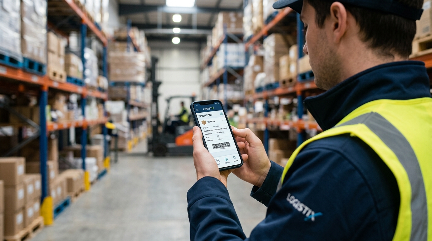 A close-up over-the-shoulder view of a logistics worker in a well-lit warehouse ...