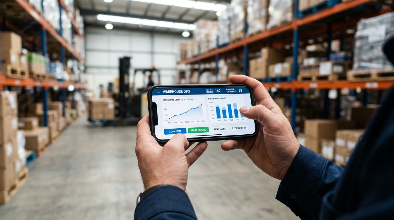 A close-up of a person holding a modern smartphone in a bright, industrial environment