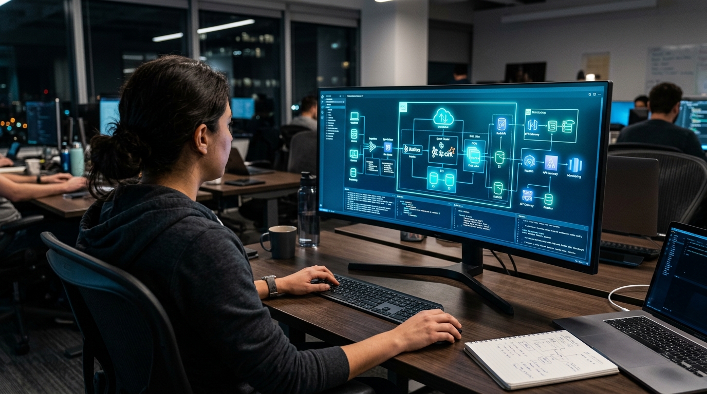 Over-the-shoulder view of a software engineer evaluating data architectures on a screen