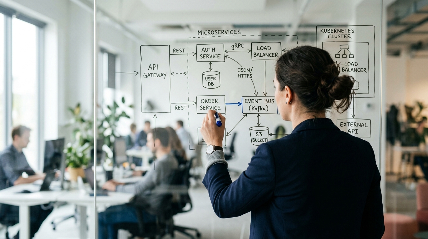 A professional software architect in a bright office environment reviewing backend system architecture.