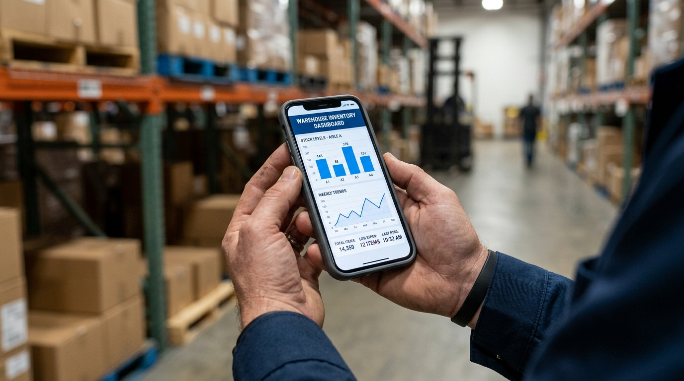 A close-up shot of a worker's hands in a warehouse setting, holding a modern sma...