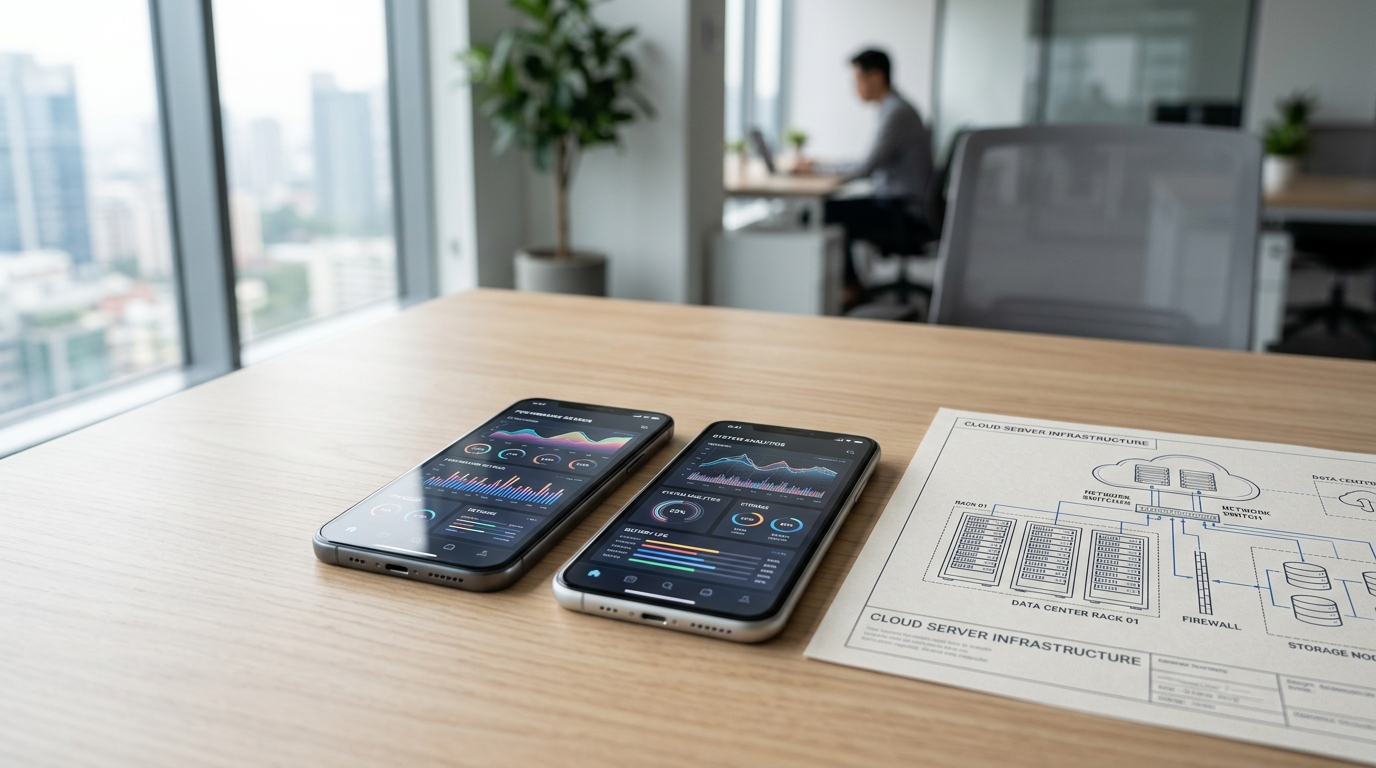 2台のスマートフォンが並べられたモダンなデスク環境。ハードウェアの比較とクラウド設計図を示唆する設定。