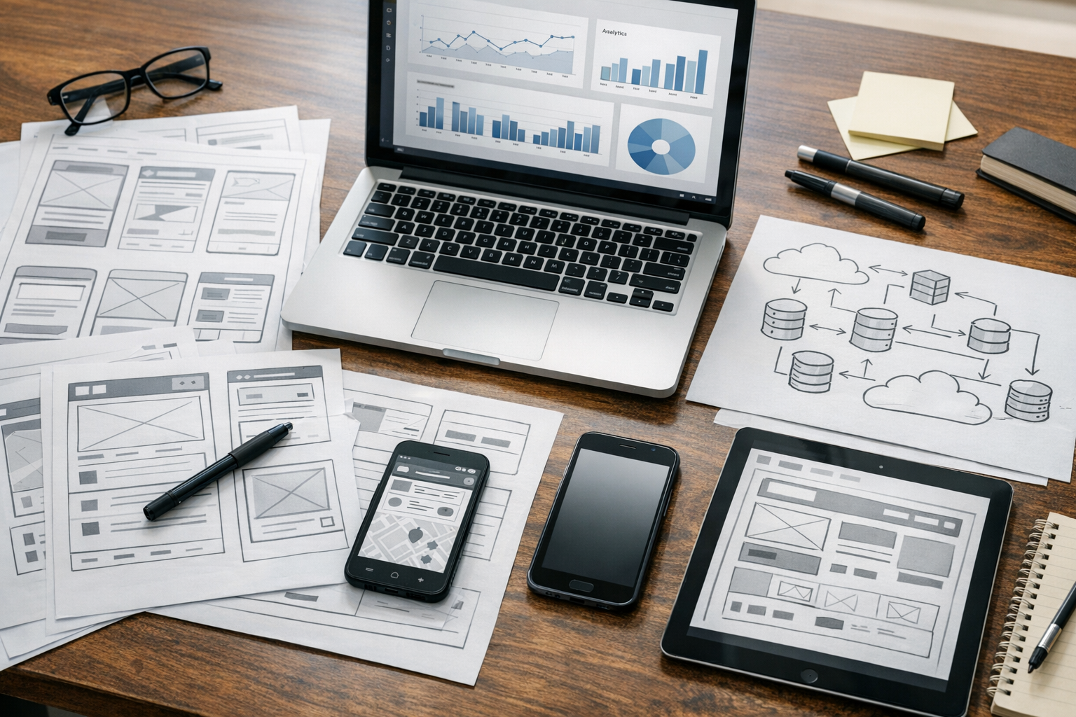 Realistische close-up van een werkplek met productplanning voor mobiele en websoftware...