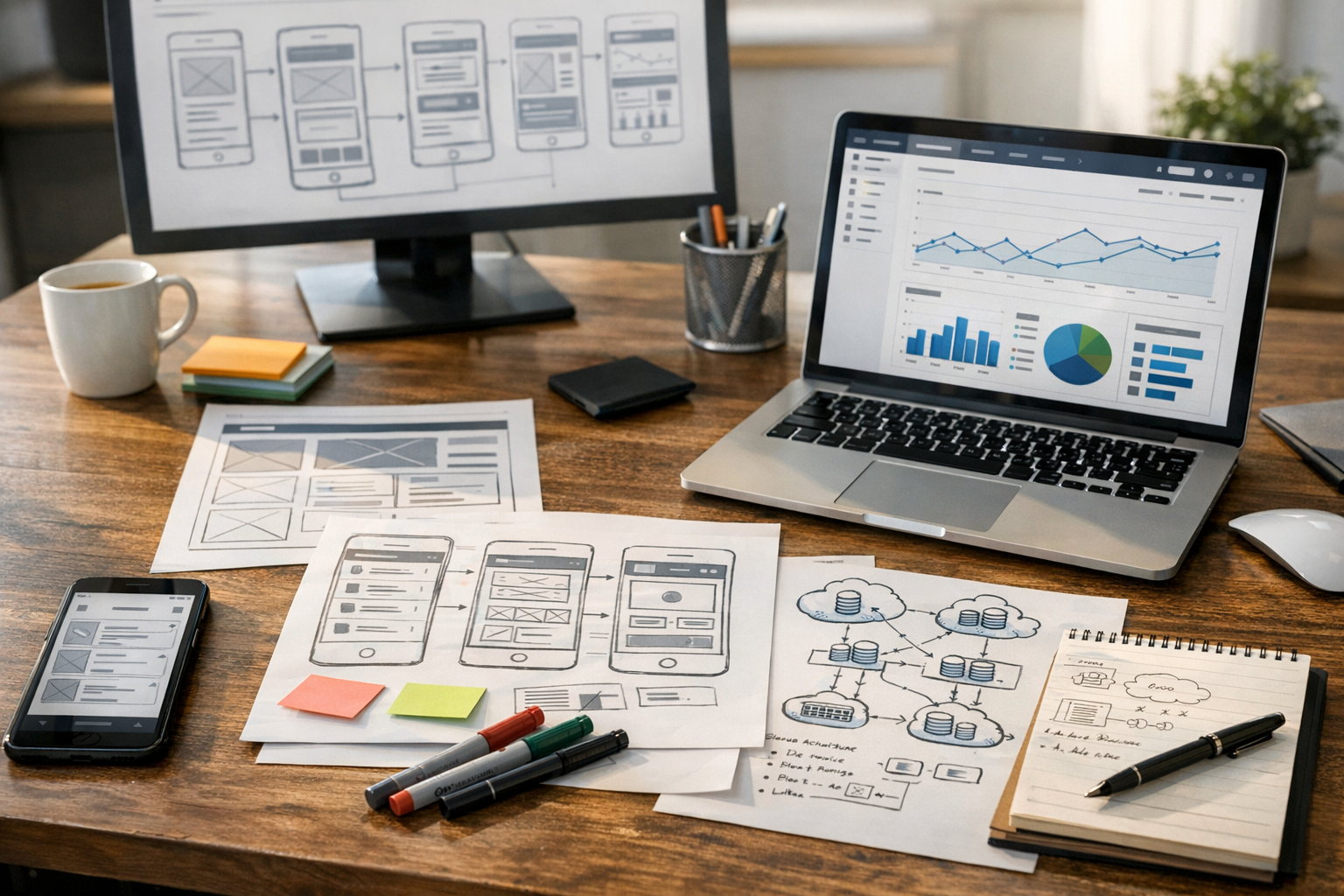 Primo piano realistico di una postazione di lavoro che mostra la pianificazione ...