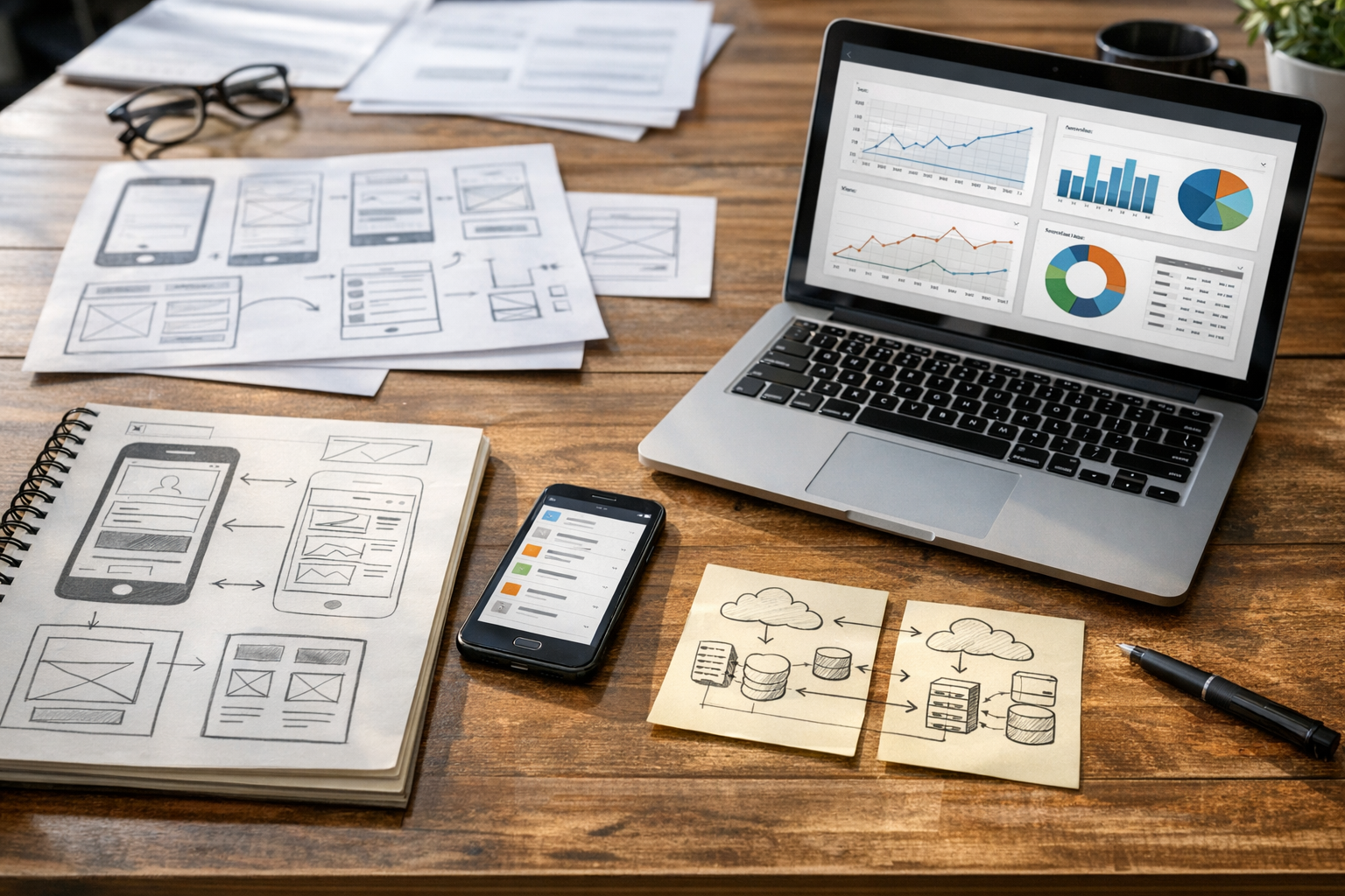 真实近景工作台，展示移动端与 Web 软件开发的产品规划场景，包含 UX 线框图、数据分析图表、云架构笔记、桌面上的智能手机与笔记本电脑，专业企业办公环境，自然...