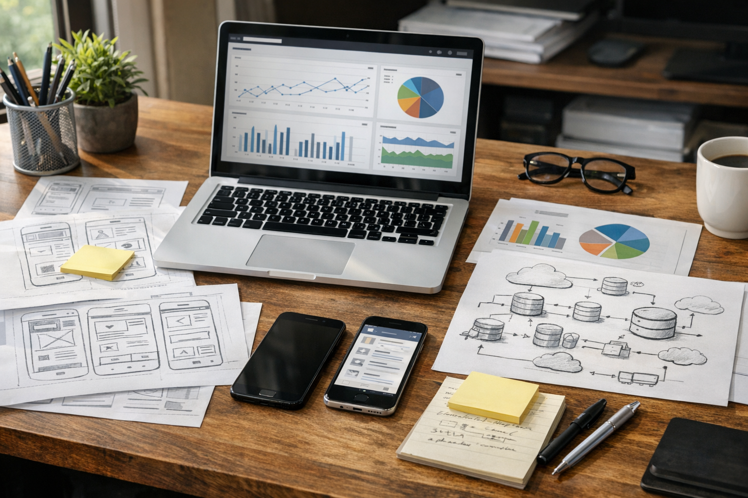 Realistische Nahaufnahme eines Arbeitsplatzes mit Produktplanung für Mobile- und...