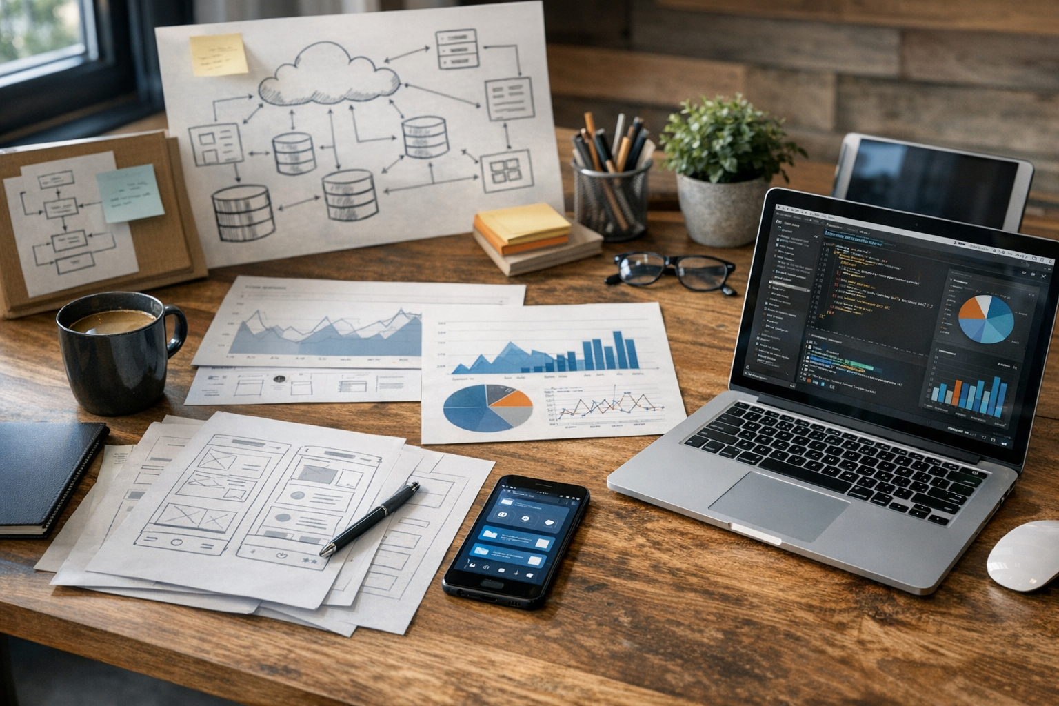 मोबाइल और वेब सॉफ़्टवेयर विकास की प्रोडक्ट प्लानिंग दिखाता यथार्थवादी क्लोज़-अप ...